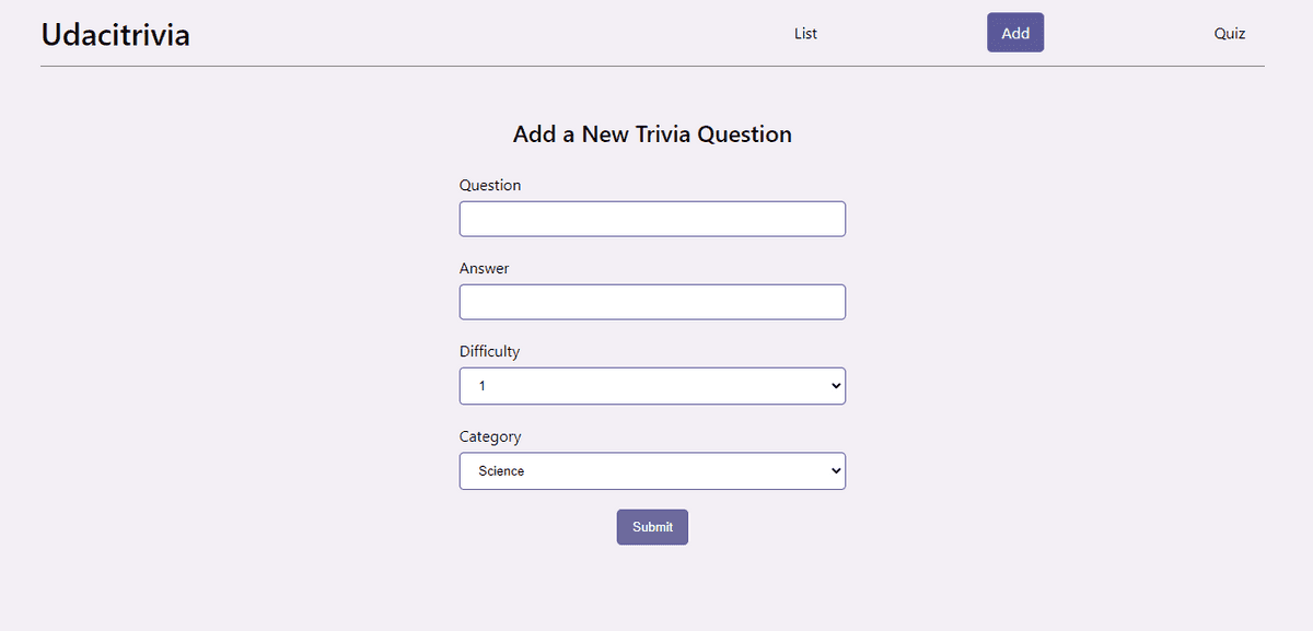 The Add Page of the Trivia App