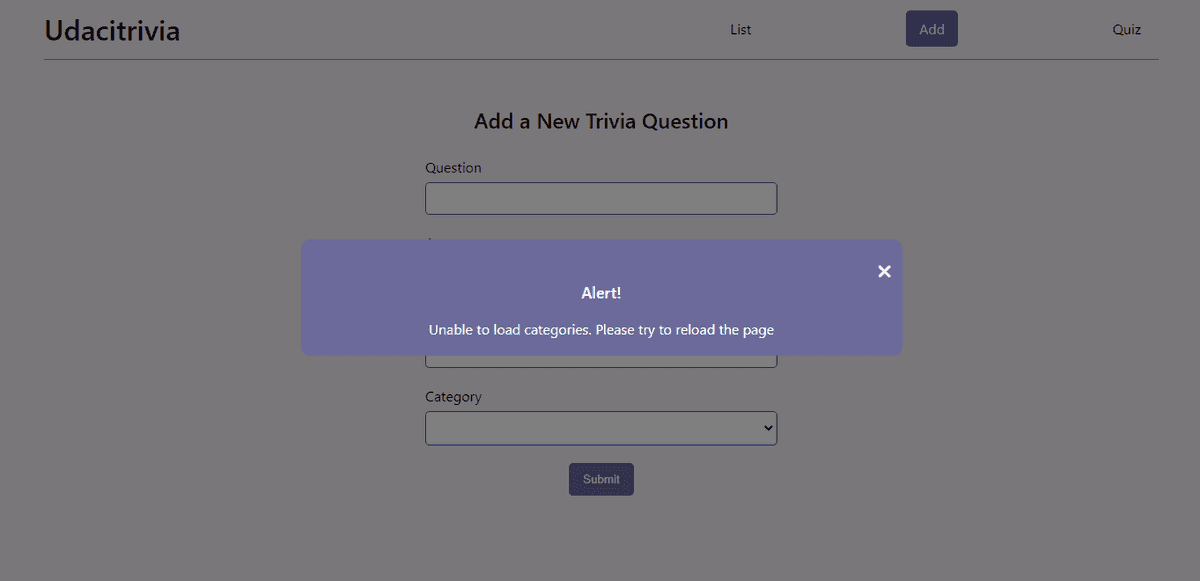 The view when error occurs on the Add Page of the Trivia App